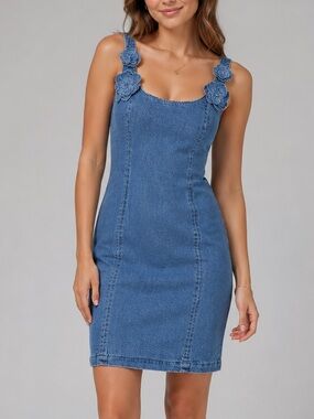 🆕🫐Avec Les Filles Denim Floral Appliqué Mini Dress Blue Fit & Flare Size 10